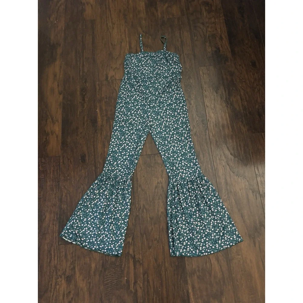 SHEIN Girls Floral Jumpsuit Bell‎ Bottom Teal Turquoise Pink Stretchy Teen 11-12